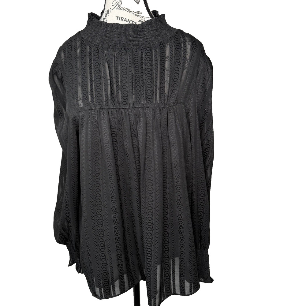 Jade Women’s Black Peasant Blouse Size Med Mock Neck Smocking Long Sleeves